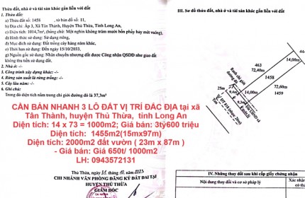 CẦN BÁN NHANH 3 LÔ ĐẤT VỊ TRÍ ĐẮC ĐỊA tại xã Tân Thành, huyện Thủ Thừa,  tỉnh Long An